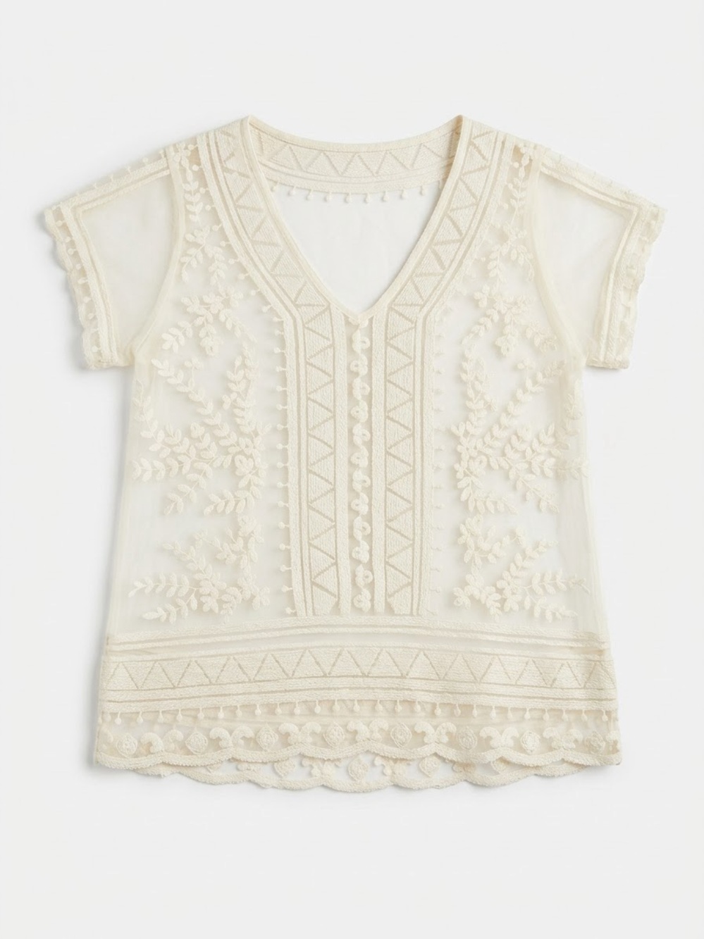 Unbranded Cream Embroidered V-Neck Women's Top